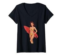 Mujer Divertido Vintage Pinup Surfer Chica Océano Olas Retro Camiseta Cuello V