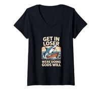 Mujer Divertido Vintage Shark Boat Attack Saying Get In Loser Camiseta Cuello V