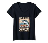 Mujer Divertido Vintage Shark Boat Attack Saying Get In Loser Camiseta Cuello V