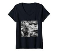 Mujer Divertido y Lindo Capibara con un ovni, Selfie, conspiración de Naves alienígenas Camiseta Cuello V