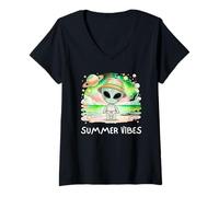 Mujer Divertido y Lindo diseño de Alien Summer Vibes Regalo para Hombres, Mujeres y niños Camiseta Cuello V