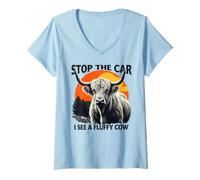 Mujer Divertido y Retro Amante de Las Vacas de Las Highlands, Pare el Coche y Veo a Fluffy Cow Camiseta Cuello V
