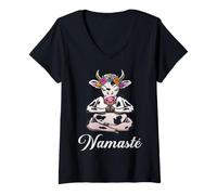 Mujer Divertido Yoga con Vacas meditando en Namasté Camiseta Cuello V