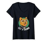 Mujer Divertido Yorkshire Terrier Deja Que se queme un Perro Genial Camiseta Cuello V
