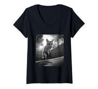 Mujer Divertido Zorro Saltando en trampolín gráfico Animal del Bosque Camiseta Cuello V