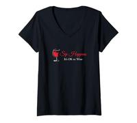 Mujer Divertidos Bebedores de Vino Sip Happens It's Ok to Wine Camiseta Cuello V