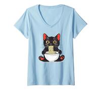 Mujer Divertidos fideos ramen gato comiendo anime kawaii japonés retro Camiseta Cuello V