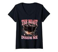 Mujer Divertidos Gatos Humor The Beast Inside Me Cute Silly Cat Meme Camiseta Cuello V