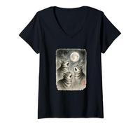 Mujer Divertidos Tres Gatos Aullando Luna Lindos Gatitos Sumi-e Kawaii Camiseta Cuello V