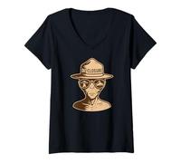 Mujer Divulgación Alien Park Ranger UFO UAP Retro Sci-Fi Gráfico Camiseta Cuello V