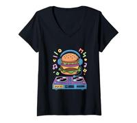 Mujer Dj Food Hamburguesa Música Fiesta Hello Mix Camiseta Cuello V