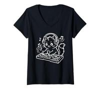 Mujer DJ Kawaii Cat Techno, la Linda DJ Camiseta Cuello V