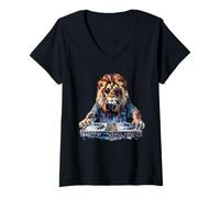 Mujer DJ Lion DJ Dance Party Music Tocadiscos Disco Jockey Animal Camiseta Cuello V
