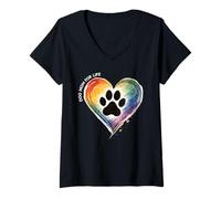 Mujer Do g Mom For Life, Camiseta de Pata de Perro con corazón arcoíris, Mascota Colorida Camiseta Cuello V