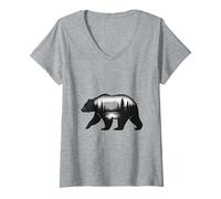 Mujer Doble Exposición Oso Bosque Naturaleza Desierto Arte Camiseta Cuello V