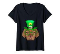 Mujer Dogue de Bordeaux Dog St Patricks Day Leprechaun Shamrock Camiseta Cuello V