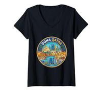 Mujer Doha Qatar Round Travel Souvenir City Landmark Turista Regalo Camiseta Cuello V