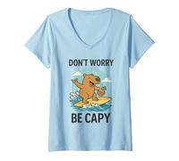 Mujer Don’t Worry Be Capy Cute Funny Capybara Surfing Beach Summer Camiseta Cuello V