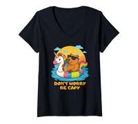 Mujer Don’t Worry Be Capy Funny Capybara Float Unicorn Summer Camiseta Cuello V