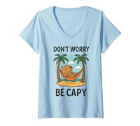 Mujer Don’t Worry Be Capy Funny Sleepy Capybara Coconut Tree Beach Camiseta Cuello V