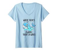 Mujer Donde Hay una Ballena Hay un Juego de Palabras Positivo de Ola Camiseta Cuello V