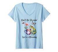 Mujer Don't Be Stressin' Life'S a Blessing God Frog Cute Butterfly Camiseta Cuello V