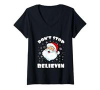 Mujer Don't Stop Believin Santa Funny Christmas Boys Girls Camiseta Cuello V