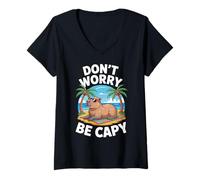 Mujer Don't Worry Be Capy Funny Capybara Roedor Lindo Animal Camiseta Cuello V