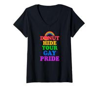 Mujer Donut Hide Your Gay Pride Funny Cute LGBTQ Donut Rainbow Camiseta Cuello V