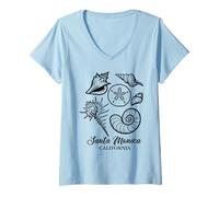 Mujer Doodle Conchas Marinas Santa Mónica California Bombardeo Camiseta Cuello V