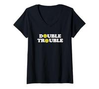 Mujer Double Trouble Funny Cute Pickleball Dink Team 80s Retro Camiseta Cuello V