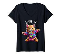 Mujer Dover Delaware USA Divertido Lindo Colorido diseño de Gato Bailando Camiseta Cuello V