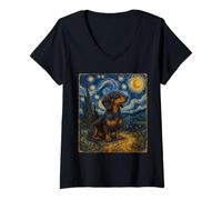 Mujer Doxie Pup Starry Sky Style Van Gogh, Perro Salchicha Sky Art Camiseta Cuello V