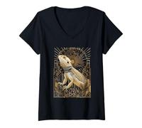 Mujer Dragón Barbudo Art Deco con estallido Estelar y Marco geométrico Camiseta Cuello V