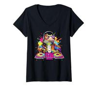 Mujer Dragón Barbudo DJ Amante de la música Rainbow Disc Jockey Dance Kids Camiseta Cuello V