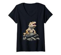 Mujer Dragón barbudo sobre rocas Cool reptile Illustration Camiseta Cuello V