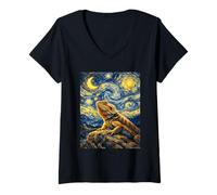 Mujer Dragón Barbudo Van Gogh Noche Estrellada Inspirada Mascota Mágica Camiseta Cuello V