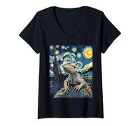 Mujer Dragón Barbudo Van Gogh Noche Estrellada Inspirado Cozy Creative Camiseta Cuello V