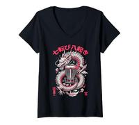 Mujer Dragon Basket, Jugador de Disc Golf, Nunca renuncie a los Kanji Camiseta Cuello V