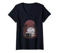 Mujer Dragón Blanco durmiendo en Libros con Cuervos y Rosas Camiseta Cuello V