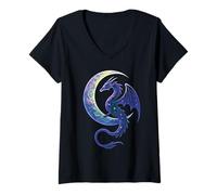 Mujer Dragón Celestial Luna Cósmica Reptil Fantasía Diseño Camiseta Cuello V