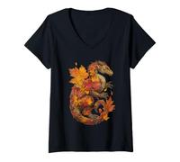 Mujer Dragón con Hojas de otoño Criatura mítica Medieval Otoño Camiseta Cuello V