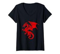 Mujer Dragón Fantasía Rojo Camiseta Cuello V