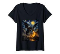 Mujer Dragón Fantasía Van Gogh Noche Estrellada Arte Mágico Dramático Camiseta Cuello V
