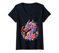 Mujer Dragón Flores Colorido Acuarela Hermoso Arte Mujeres Hombres Camiseta Cuello V