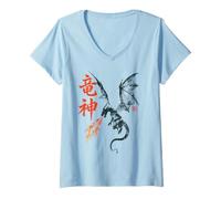 Mujer Dragón Fuego Japón Personajes Kanji Fantasía Camiseta Cuello V