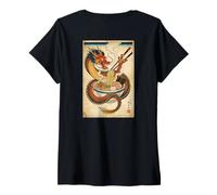 Mujer Dragón japonés Comiendo Ramen - Ukiyo-e Art Aesthetic Back Camiseta Cuello V