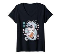Mujer Dragón japonés Kawaii Cello Cat Music Band Orquesta Anime Camiseta Cuello V