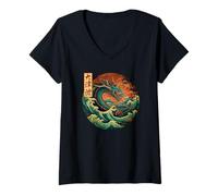 Mujer Dragón japonés La gran ola de Kanagawa Kanji Japón arte Camiseta Cuello V