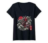 Mujer Dragón Japonés Sol Rojo Vintage Fantasía Anime Hombres Mujeres Niños Camiseta Cuello V